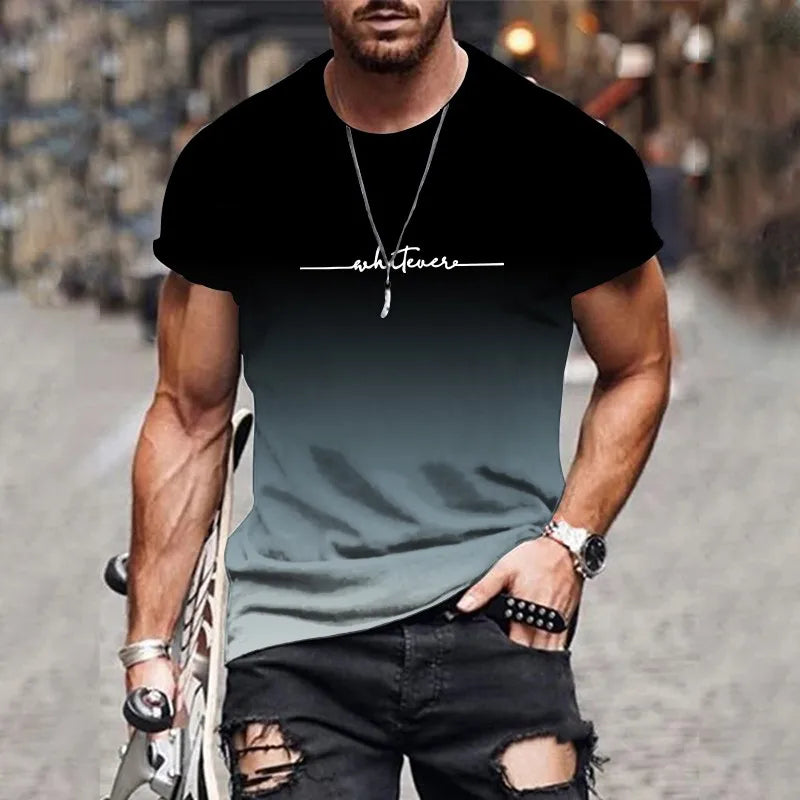 2025 New Men's Gradient Letter Printed Comfortable and Breathable Round Neck T-shirt Outdoor Street Fashion Top