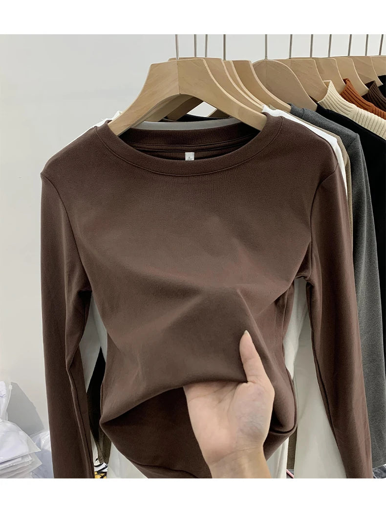 Camiseta básica de cuello redondo para mujer 2026 Otoño Invierno Nuevo Estilo Color Puro Ajuste Delicado Ropa Interior Forro Polar Grueso Manga Larga