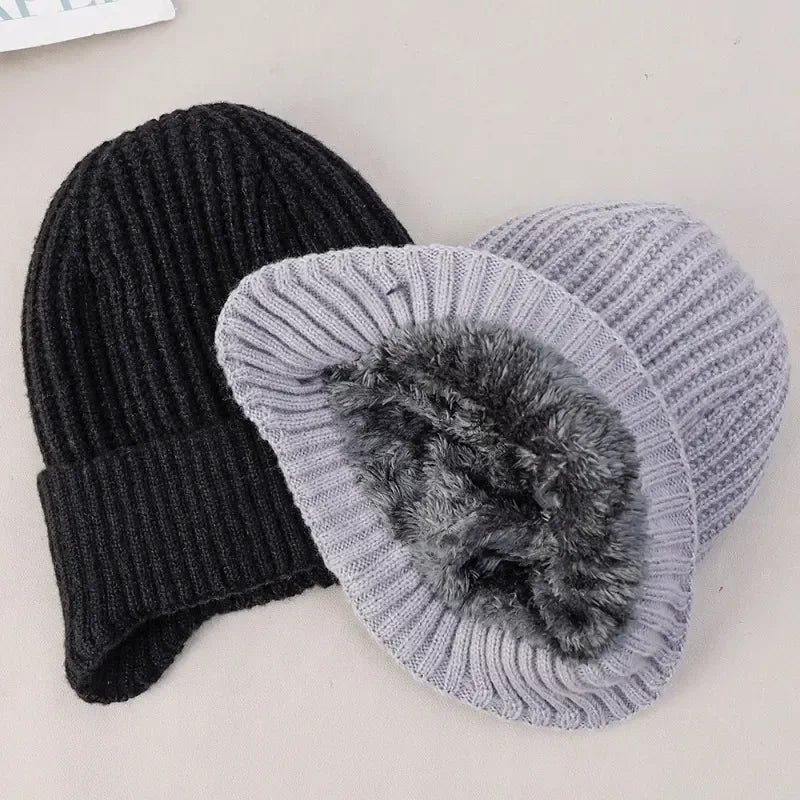 Outdoor Men Winter Knitted Hat with Velvet Warm Ear Hood Integrated Hat Outdoor Sports Bicycle Skiing Running Cold Cap