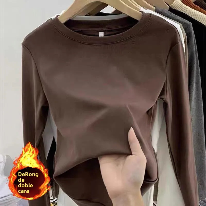 Camiseta básica de cuello redondo para mujer 2026 Otoño Invierno Nuevo Estilo Color Puro Ajuste Delicado Ropa Interior Forro Polar Grueso Manga Larga
