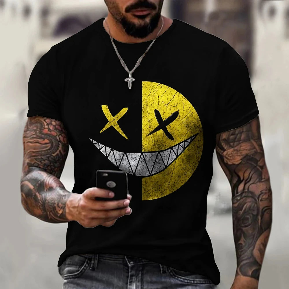 2024 New Oversized T Shirt For Men Casual Short Sleeve Hip Hop Smiling Face Print Plus Size Tee Shirt Pullover Mens T-shirt Top
