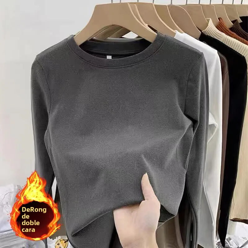 Camiseta básica de cuello redondo para mujer 2026 Otoño Invierno Nuevo Estilo Color Puro Ajuste Delicado Ropa Interior Forro Polar Grueso Manga Larga