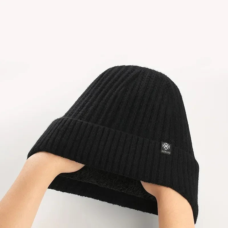 Outdoor Men Winter Knitted Hat with Velvet Warm Ear Hood Integrated Hat Outdoor Sports Bicycle Skiing Running Cold Cap