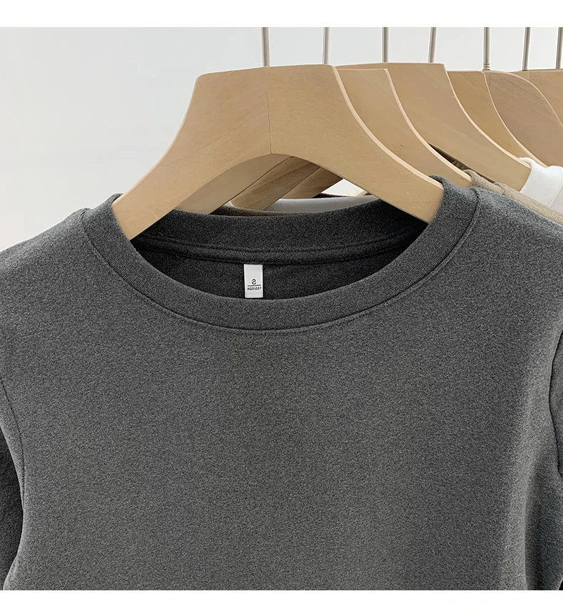 Camiseta básica de cuello redondo para mujer 2026 Otoño Invierno Nuevo Estilo Color Puro Ajuste Delicado Ropa Interior Forro Polar Grueso Manga Larga