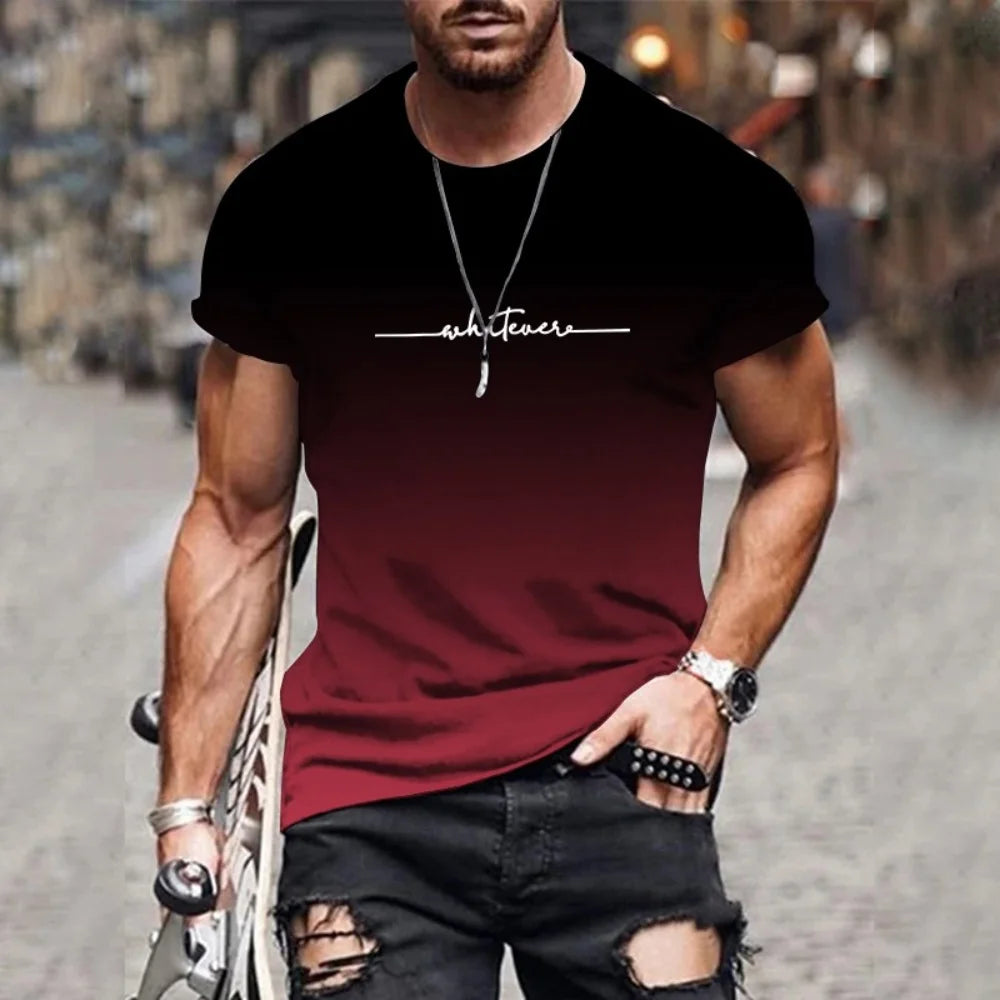 2025 New Men's Gradient Letter Printed Comfortable and Breathable Round Neck T-shirt Outdoor Street Fashion Top