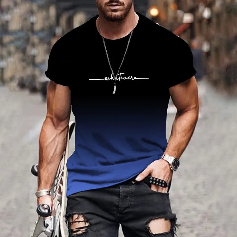 2025 New Men's Gradient Letter Printed Comfortable and Breathable Round Neck T-shirt Outdoor Street Fashion Top
