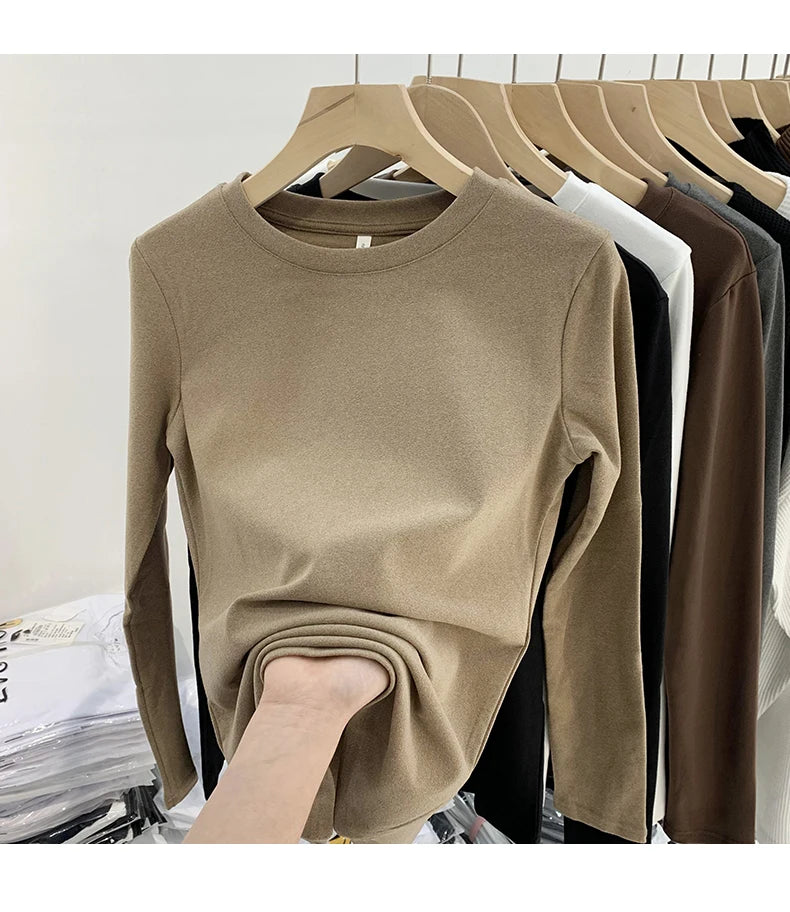 Camiseta básica de cuello redondo para mujer 2026 Otoño Invierno Nuevo Estilo Color Puro Ajuste Delicado Ropa Interior Forro Polar Grueso Manga Larga