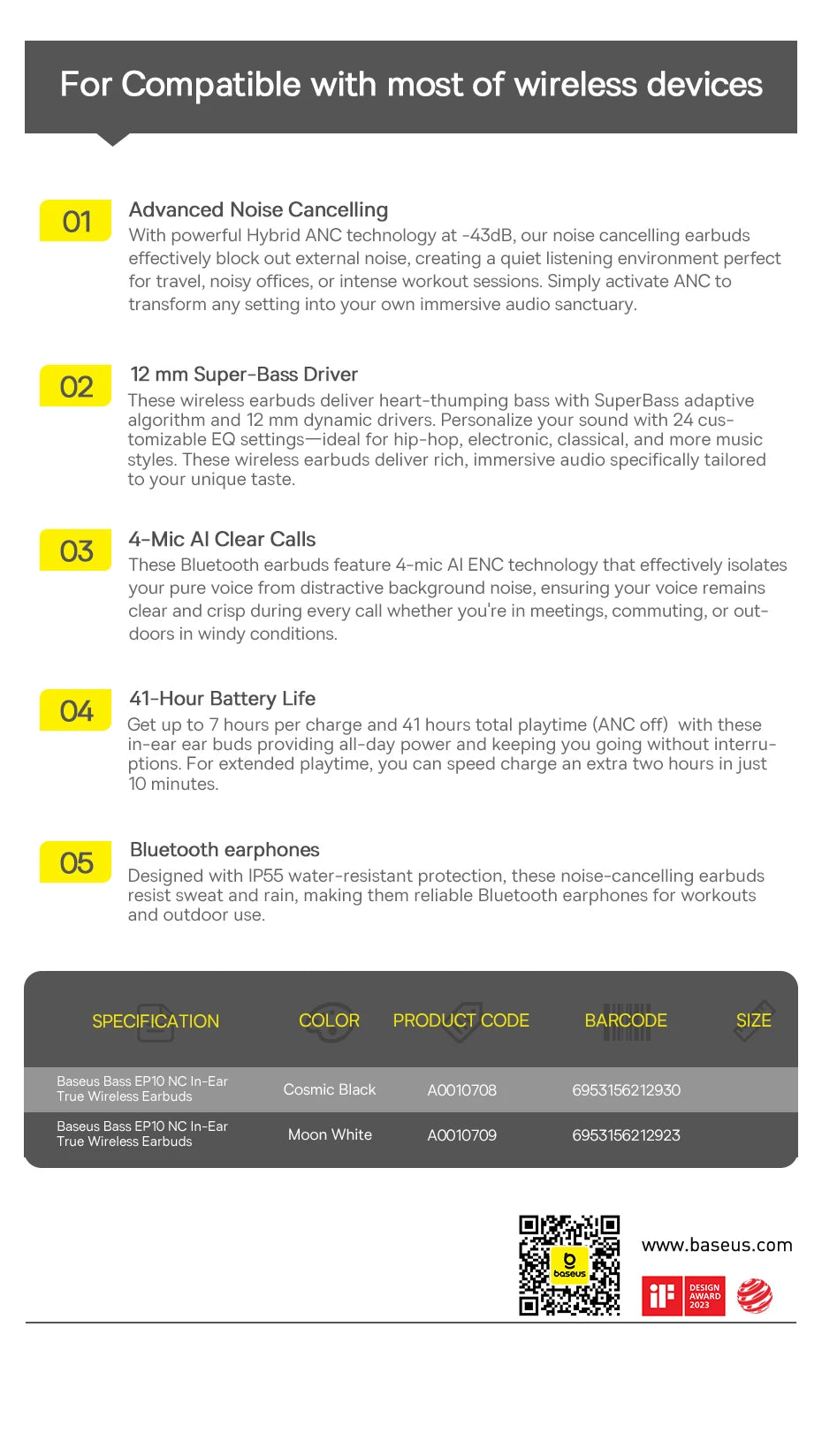 Baseus Bass EP10/BP1 NC -43dB Noise Cancelling ANC True Wireless Earbuds Bluetooth 6.0 In-Ear Wireless Earphones 4-Mics Ear buds