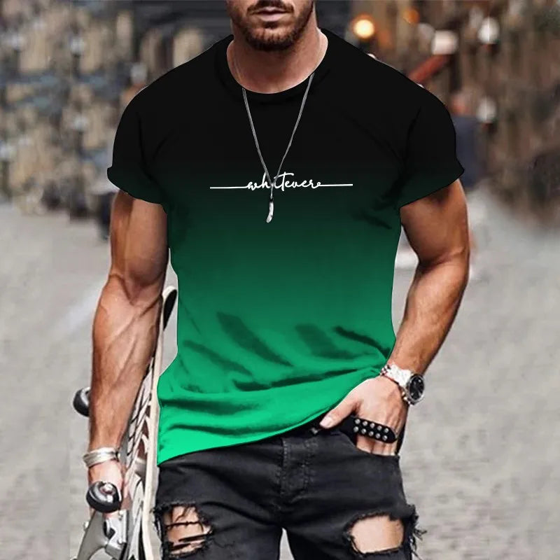 2025 New Men's Gradient Letter Printed Comfortable and Breathable Round Neck T-shirt Outdoor Street Fashion Top