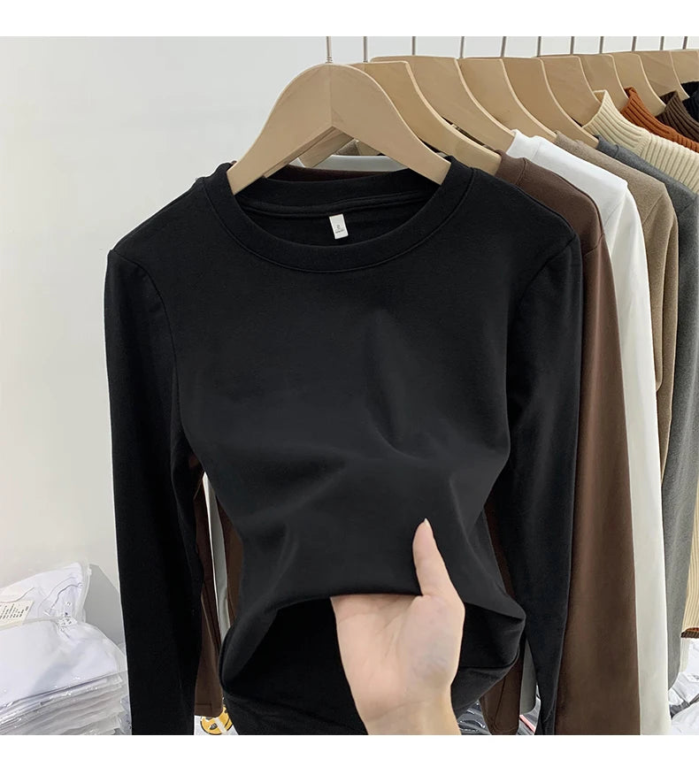 Camiseta básica de cuello redondo para mujer 2026 Otoño Invierno Nuevo Estilo Color Puro Ajuste Delicado Ropa Interior Forro Polar Grueso Manga Larga