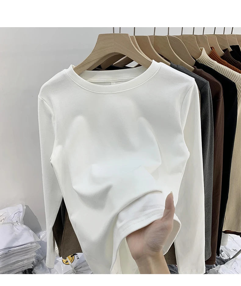 Camiseta básica de cuello redondo para mujer 2026 Otoño Invierno Nuevo Estilo Color Puro Ajuste Delicado Ropa Interior Forro Polar Grueso Manga Larga