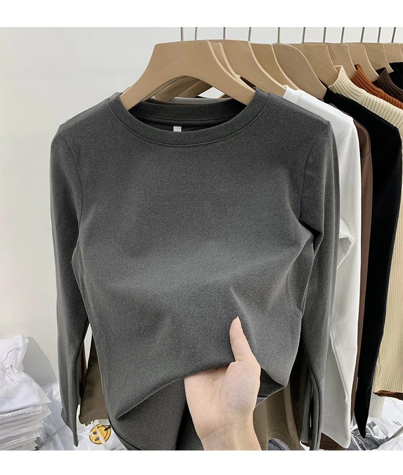 Camiseta básica de cuello redondo para mujer 2026 Otoño Invierno Nuevo Estilo Color Puro Ajuste Delicado Ropa Interior Forro Polar Grueso Manga Larga