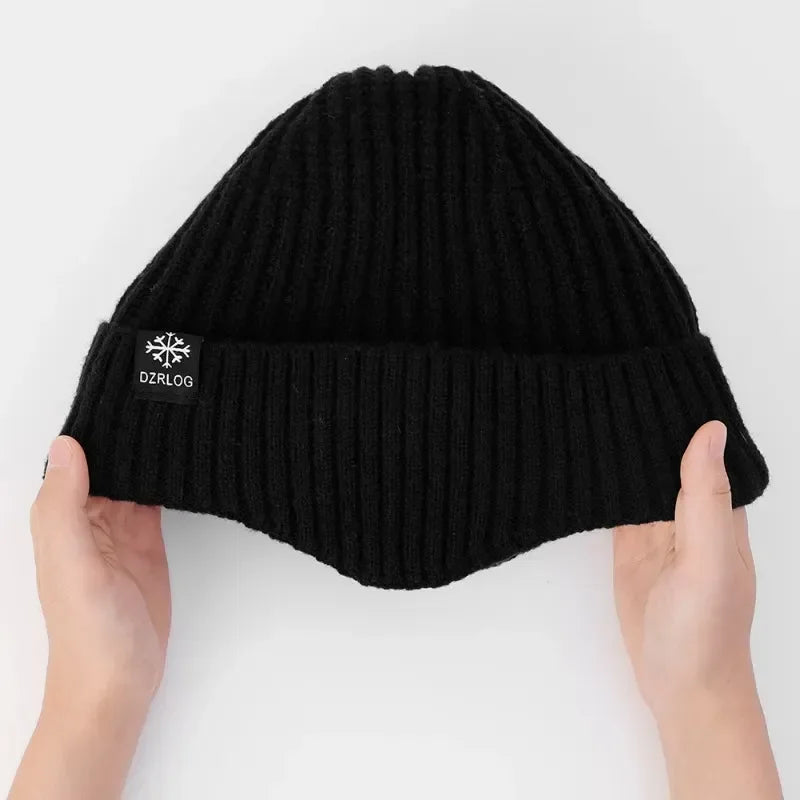 Outdoor Men Winter Knitted Hat with Velvet Warm Ear Hood Integrated Hat Outdoor Sports Bicycle Skiing Running Cold Cap