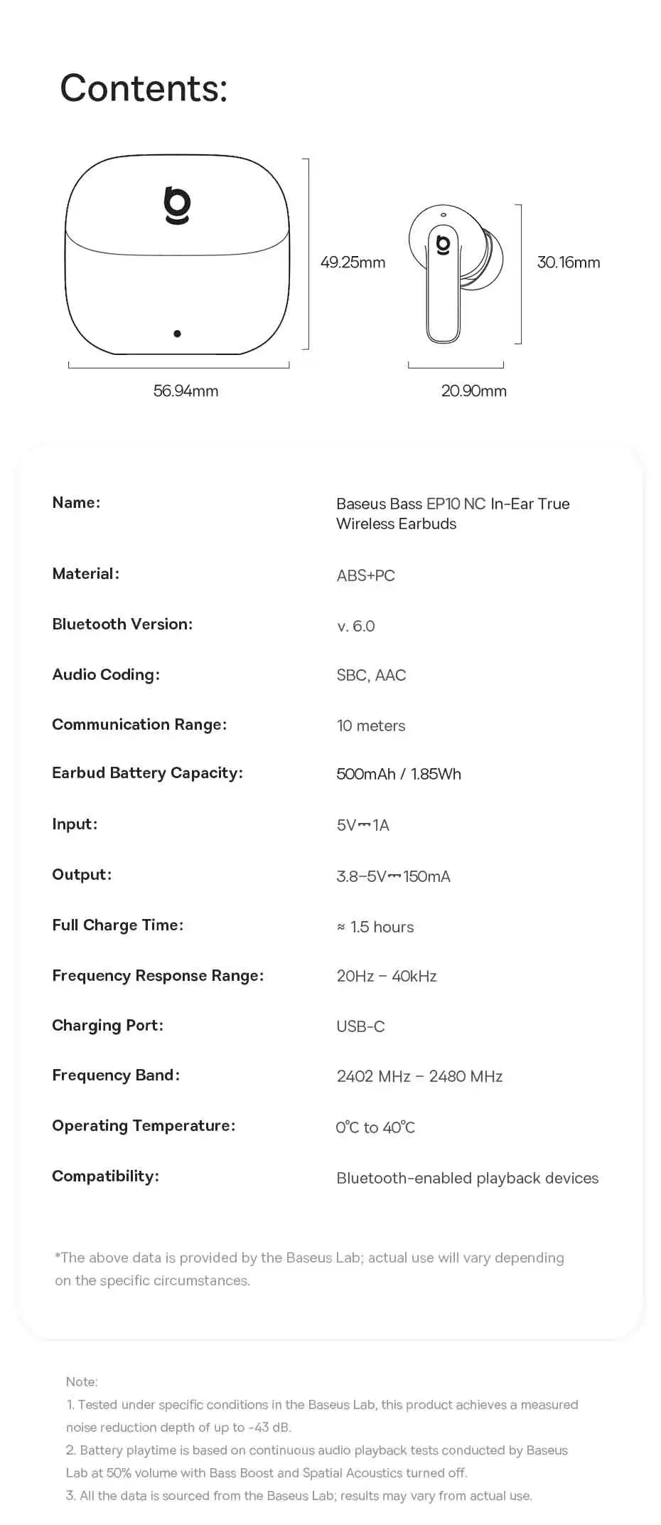 Baseus Bass EP10/BP1 NC -43dB Noise Cancelling ANC True Wireless Earbuds Bluetooth 6.0 In-Ear Wireless Earphones 4-Mics Ear buds