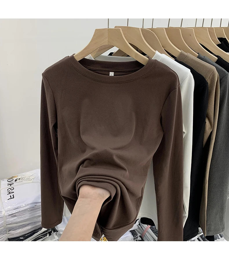 Camiseta básica de cuello redondo para mujer 2026 Otoño Invierno Nuevo Estilo Color Puro Ajuste Delicado Ropa Interior Forro Polar Grueso Manga Larga