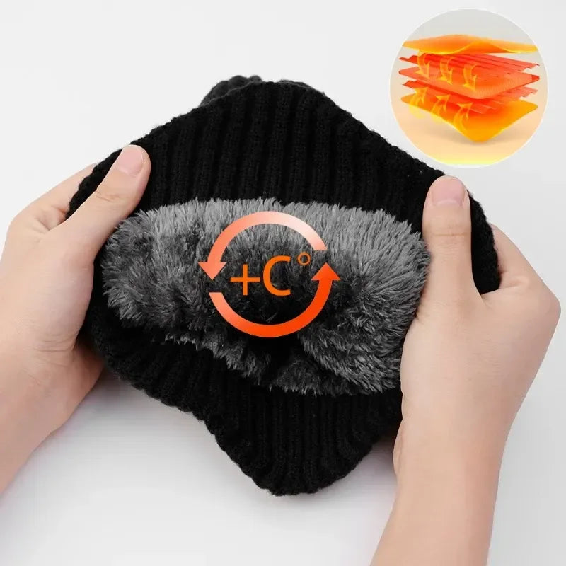 Outdoor Men Winter Knitted Hat with Velvet Warm Ear Hood Integrated Hat Outdoor Sports Bicycle Skiing Running Cold Cap