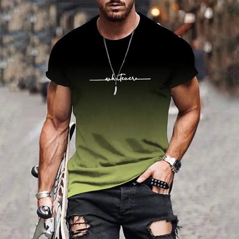 2025 New Men's Gradient Letter Printed Comfortable and Breathable Round Neck T-shirt Outdoor Street Fashion Top