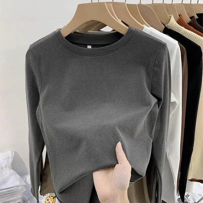 Camiseta básica de cuello redondo para mujer 2026 Otoño Invierno Nuevo Estilo Color Puro Ajuste Delicado Ropa Interior Forro Polar Grueso Manga Larga