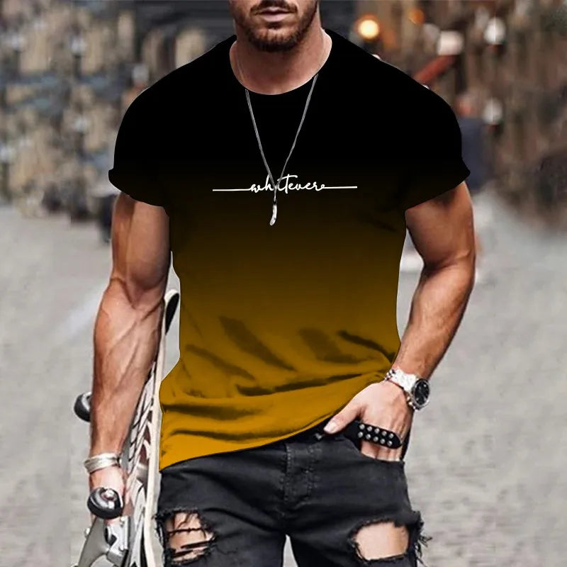 2025 New Men's Gradient Letter Printed Comfortable and Breathable Round Neck T-shirt Outdoor Street Fashion Top
