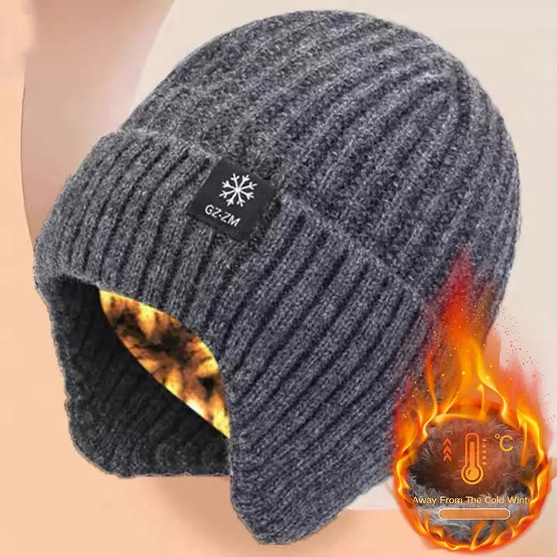 Outdoor Men Winter Knitted Hat with Velvet Warm Ear Hood Integrated Hat Outdoor Sports Bicycle Skiing Running Cold Cap