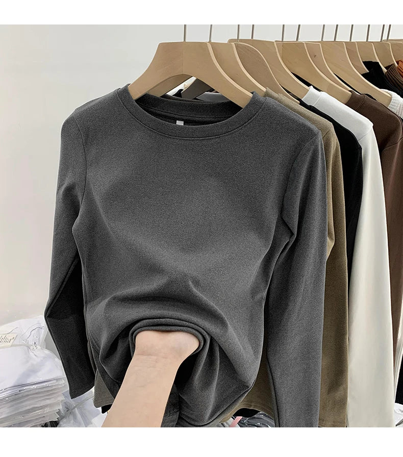 Camiseta básica de cuello redondo para mujer 2026 Otoño Invierno Nuevo Estilo Color Puro Ajuste Delicado Ropa Interior Forro Polar Grueso Manga Larga