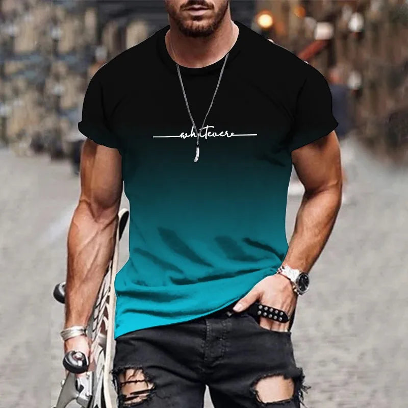 2025 New Men's Gradient Letter Printed Comfortable and Breathable Round Neck T-shirt Outdoor Street Fashion Top
