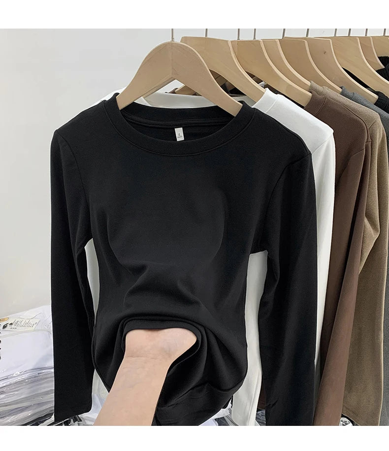 Camiseta básica de cuello redondo para mujer 2026 Otoño Invierno Nuevo Estilo Color Puro Ajuste Delicado Ropa Interior Forro Polar Grueso Manga Larga